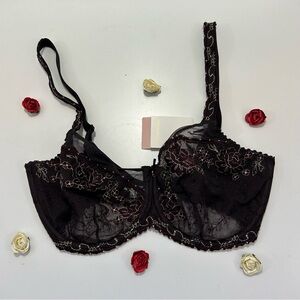 Prima Donna Golden Dreams Dark Brown Lace Bra with Floral Embroidery Bra 34G NWT